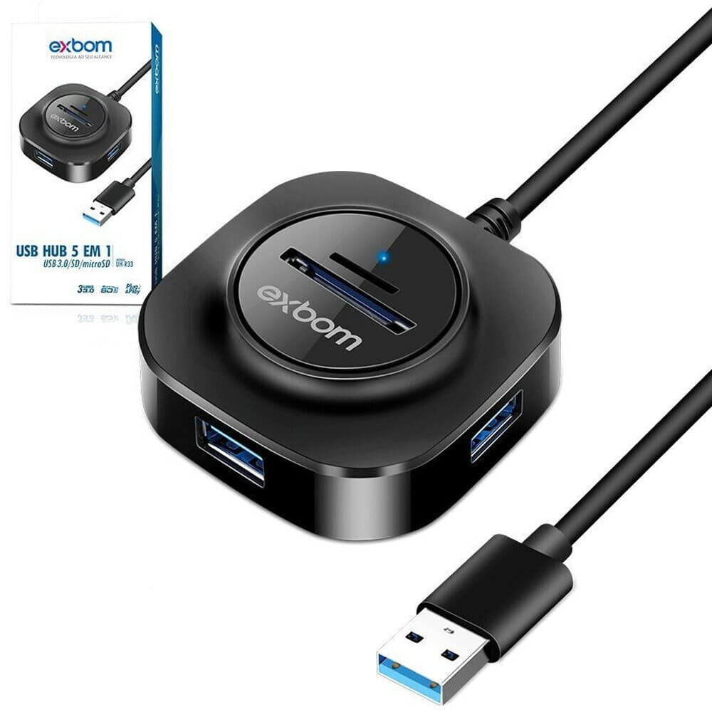 Hub USB 2.0 3 Portas Exbom UH-R23 com Leitor de Cartão SD/MicroSD - Imagem 1
