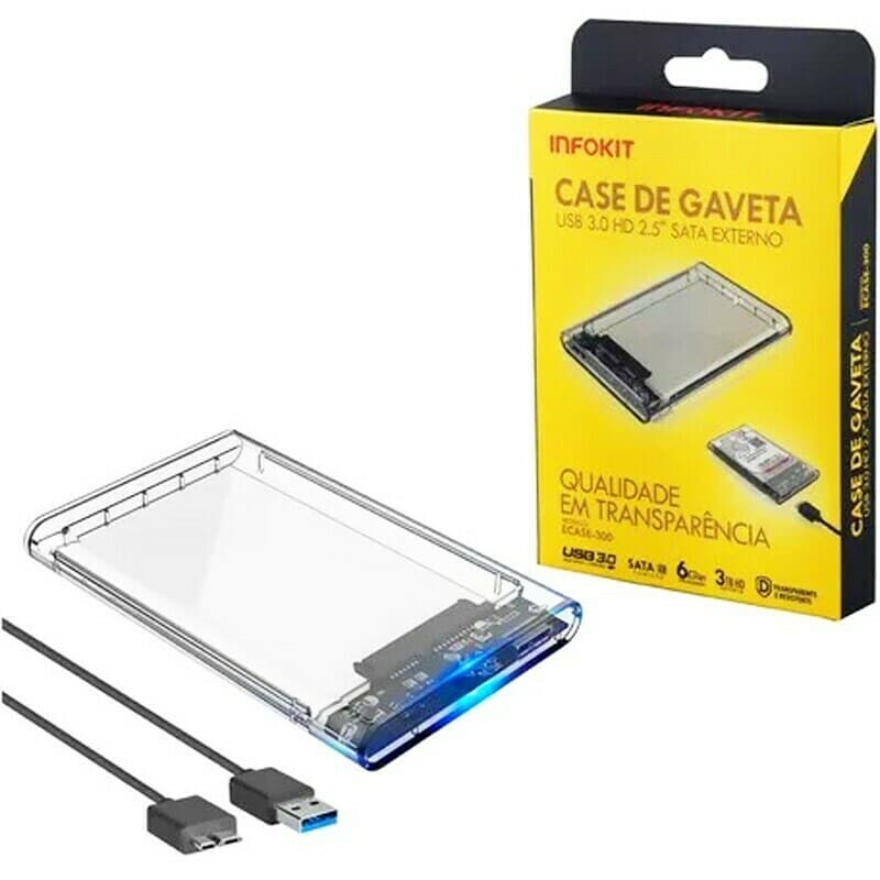 Case Gaveta Transparente USB 3.0 para HD/SSD 2.5" SATA Infokit GCAS-300 - Imagem 1